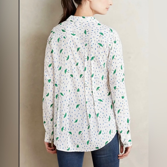 Anthropologie | Maeve Long Sleeve Whimsical Umbrellas & Rain Drops Blous… - Picture 2 of 8
